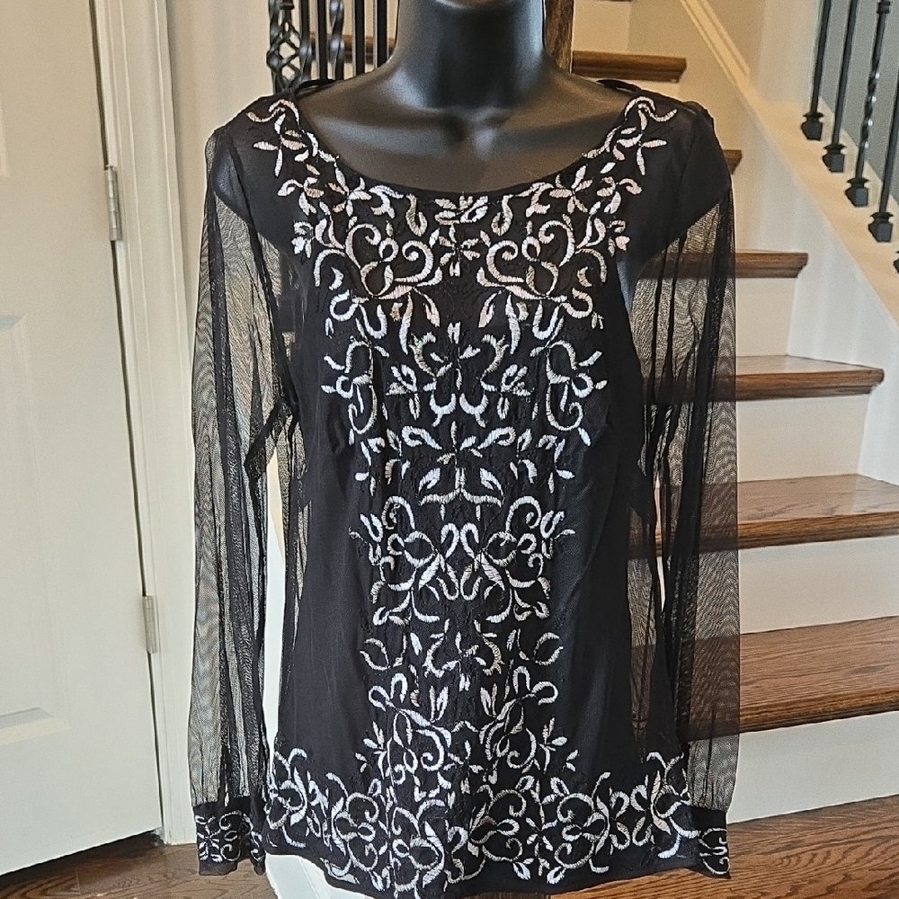 White House Black Market Sheer Sleeve Black Blouse with White Embroidery